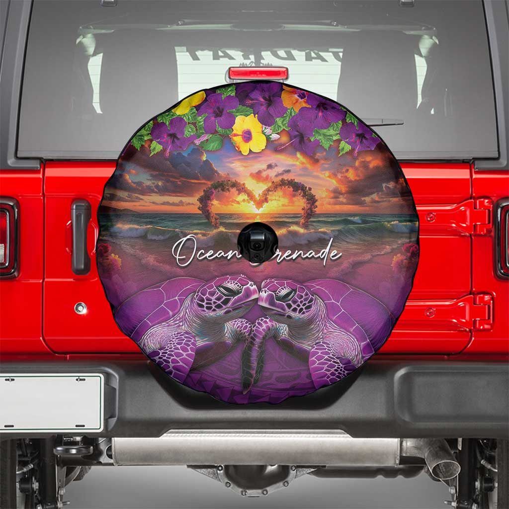 Hawaiian Turtle Love Couple Spare Tire Cover Ocean Serenade - Honu Honi Ihu with Hibiscus and Romantic Sunset Purple Color LT03 - Polynesian Pride