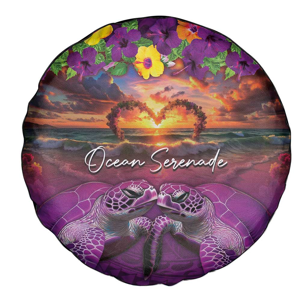 Hawaiian Turtle Love Couple Spare Tire Cover Ocean Serenade - Honu Honi Ihu with Hibiscus and Romantic Sunset Purple Color LT03 - Polynesian Pride