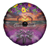 Hawaiian Turtle Love Couple Spare Tire Cover Ocean Serenade - Honu Honi Ihu with Hibiscus and Romantic Sunset Purple Color LT03 - Polynesian Pride