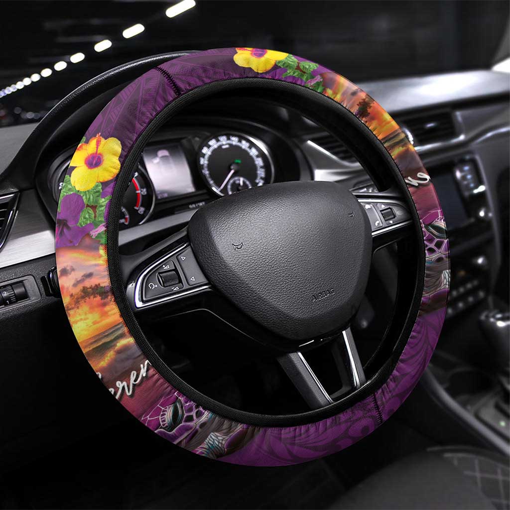 Hawaiian Turtle Love Couple Steering Wheel Cover Ocean Serenade - Honu Honi Ihu with Hibiscus and Romantic Sunset Purple Color LT03 Universal Fit Purple - Polynesian Pride