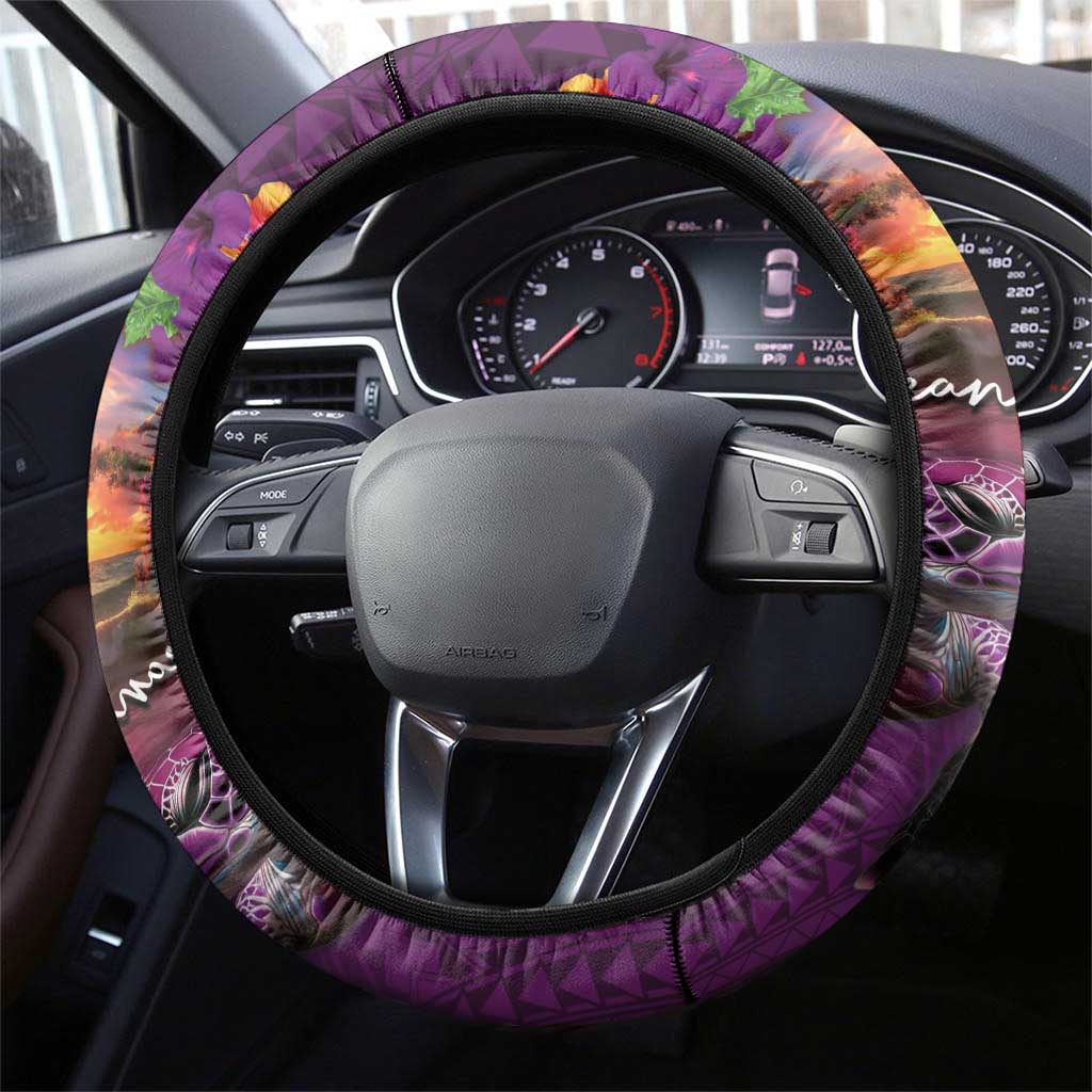Hawaiian Turtle Love Couple Steering Wheel Cover Ocean Serenade - Honu Honi Ihu with Hibiscus and Romantic Sunset Purple Color LT03 - Polynesian Pride