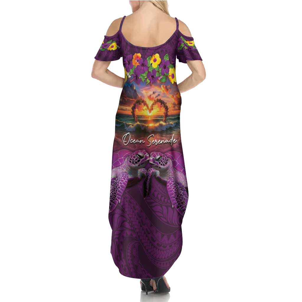 Hawaiian Turtle Love Couple Summer Maxi Dress Ocean Serenade - Honu Honi Ihu with Hibiscus and Romantic Sunset Purple Color LT03 - Polynesian Pride
