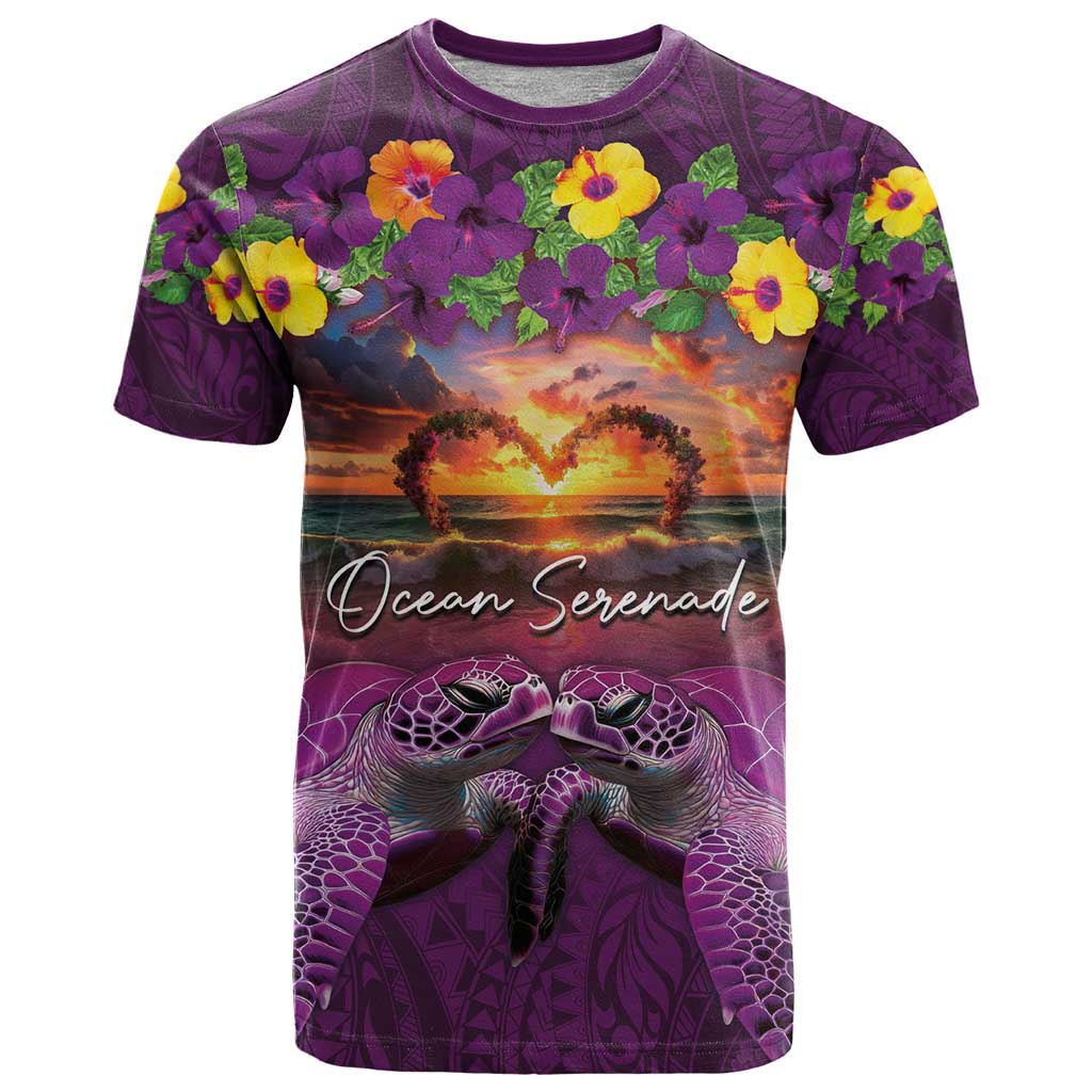 Hawaiian Turtle Love Couple T Shirt Ocean Serenade - Honu Honi Ihu with Hibiscus and Romantic Sunset Purple Color LT03 Purple - Polynesian Pride