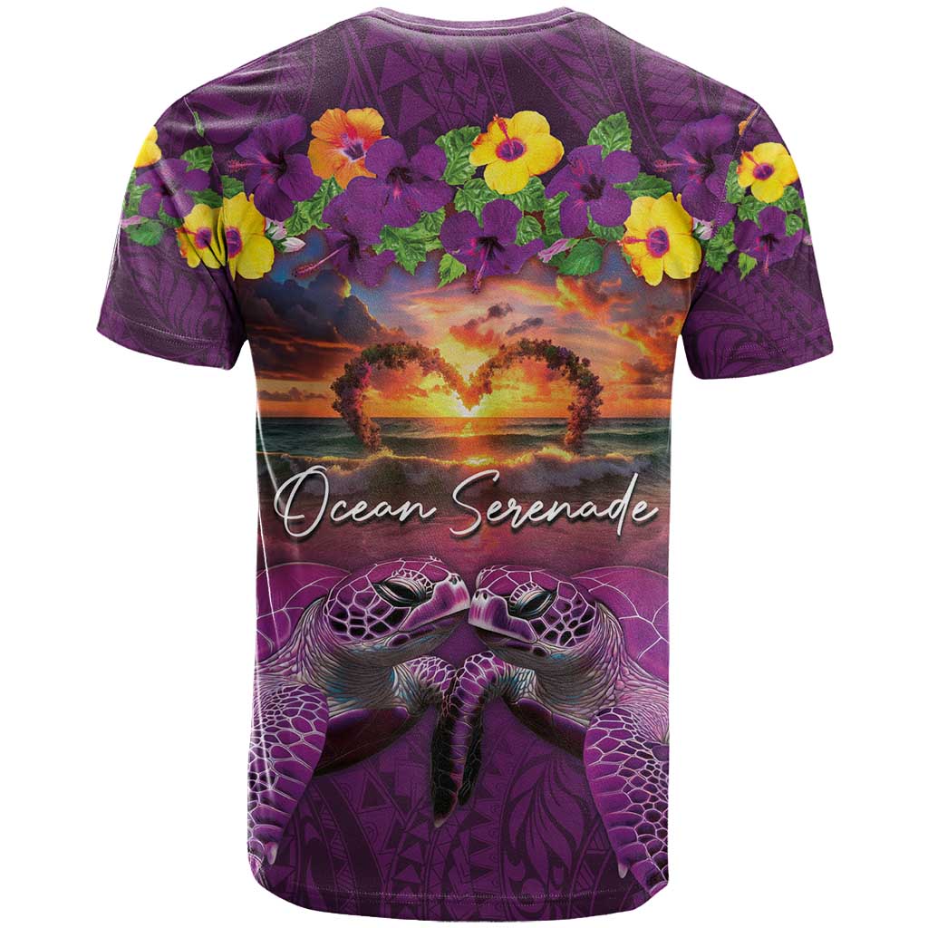 Hawaiian Turtle Love Couple T Shirt Ocean Serenade - Honu Honi Ihu with Hibiscus and Romantic Sunset Purple Color LT03 - Polynesian Pride