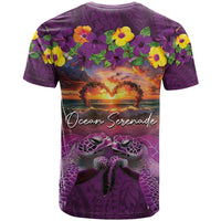 Hawaiian Turtle Love Couple T Shirt Ocean Serenade - Honu Honi Ihu with Hibiscus and Romantic Sunset Purple Color LT03 - Polynesian Pride