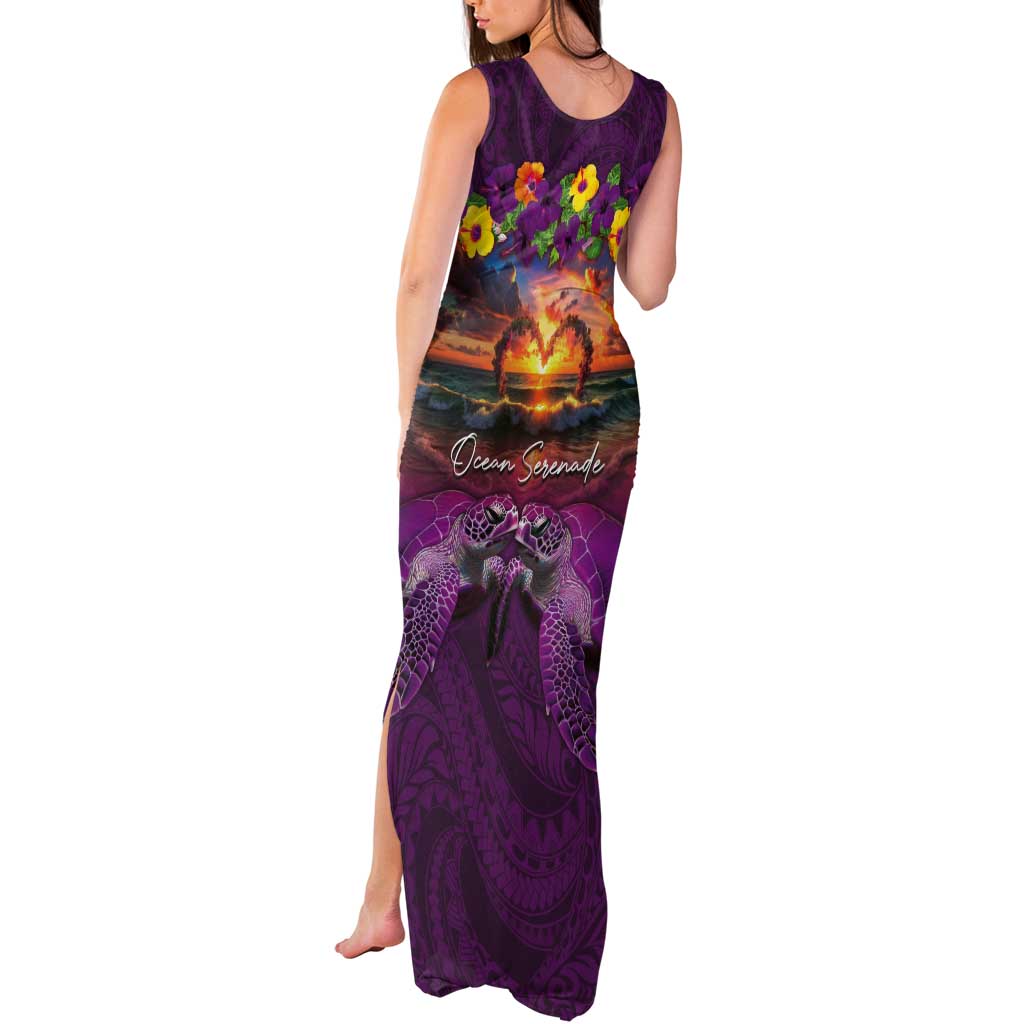 Hawaiian Turtle Love Couple Tank Maxi Dress Ocean Serenade - Honu Honi Ihu with Hibiscus and Romantic Sunset Purple Color LT03 - Polynesian Pride