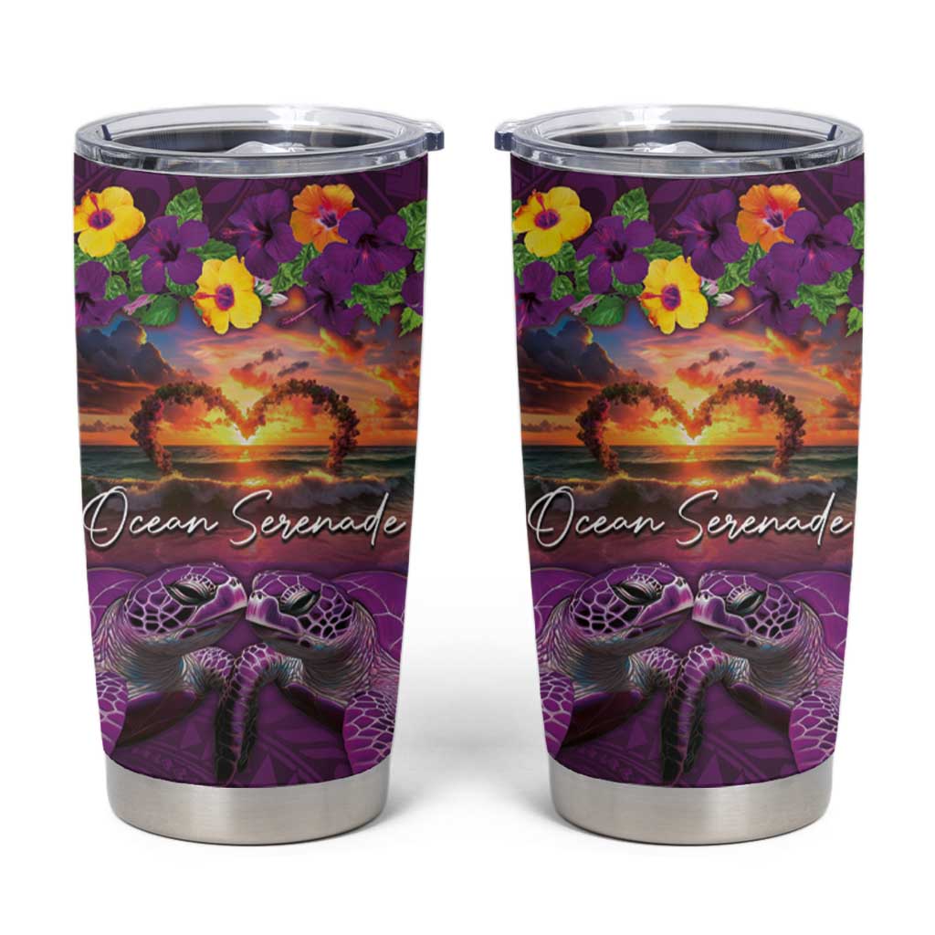 Hawaiian Turtle Love Couple Tumbler Cup Ocean Serenade - Honu Honi Ihu with Hibiscus and Romantic Sunset Purple Color LT03 Purple - Polynesian Pride