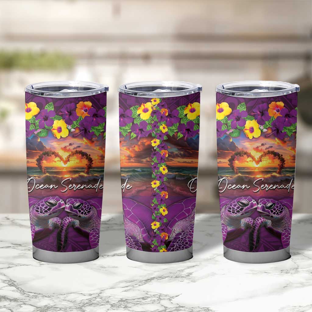 Hawaiian Turtle Love Couple Tumbler Cup Ocean Serenade - Honu Honi Ihu with Hibiscus and Romantic Sunset Purple Color LT03 - Polynesian Pride