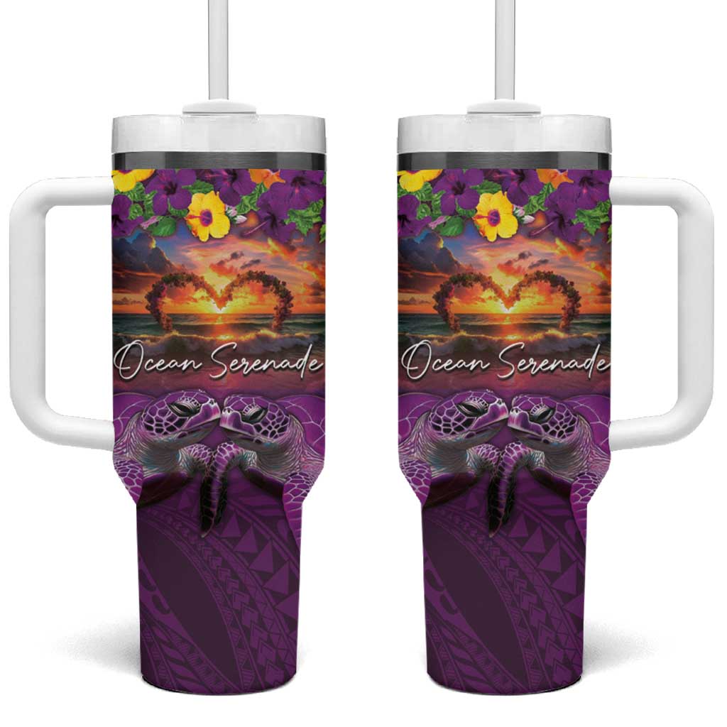 Hawaiian Turtle Love Couple Tumbler With Handle Ocean Serenade - Honu Honi Ihu with Hibiscus and Romantic Sunset Purple Color LT03 One Size: 40 oz Purple - Polynesian Pride