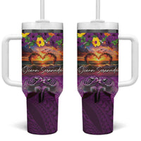 Hawaiian Turtle Love Couple Tumbler With Handle Ocean Serenade - Honu Honi Ihu with Hibiscus and Romantic Sunset Purple Color LT03 One Size: 40 oz Purple - Polynesian Pride