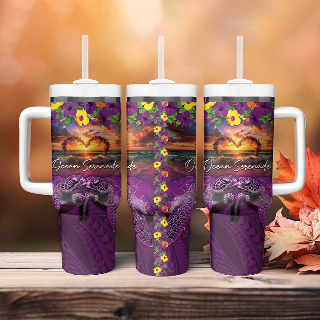 Hawaiian Turtle Love Couple Tumbler With Handle Ocean Serenade - Honu Honi Ihu with Hibiscus and Romantic Sunset Purple Color LT03 - Polynesian Pride