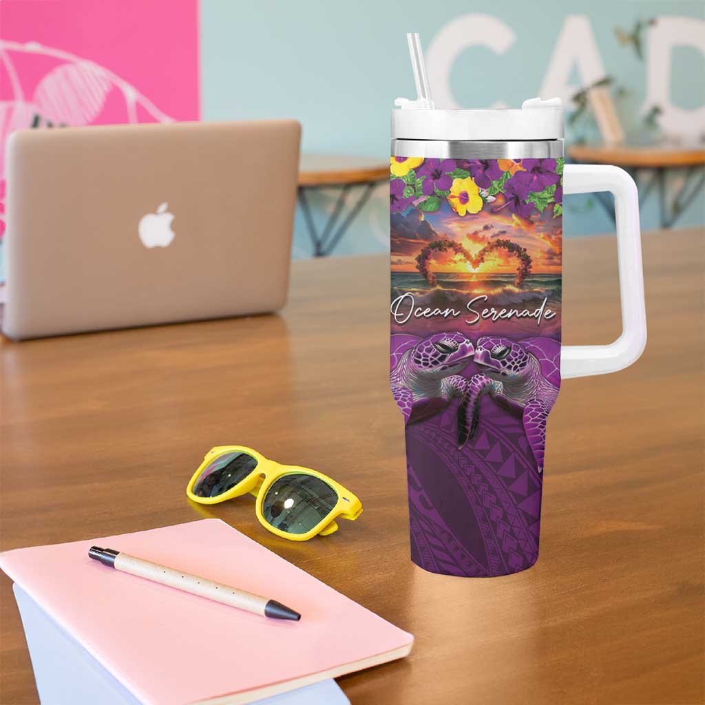 Hawaiian Turtle Love Couple Tumbler With Handle Ocean Serenade - Honu Honi Ihu with Hibiscus and Romantic Sunset Purple Color LT03 - Polynesian Pride