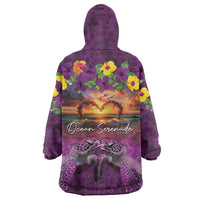 Hawaiian Turtle Love Couple Wearable Blanket Hoodie Ocean Serenade - Honu Honi Ihu with Hibiscus and Romantic Sunset Purple Color LT03 - Polynesian Pride