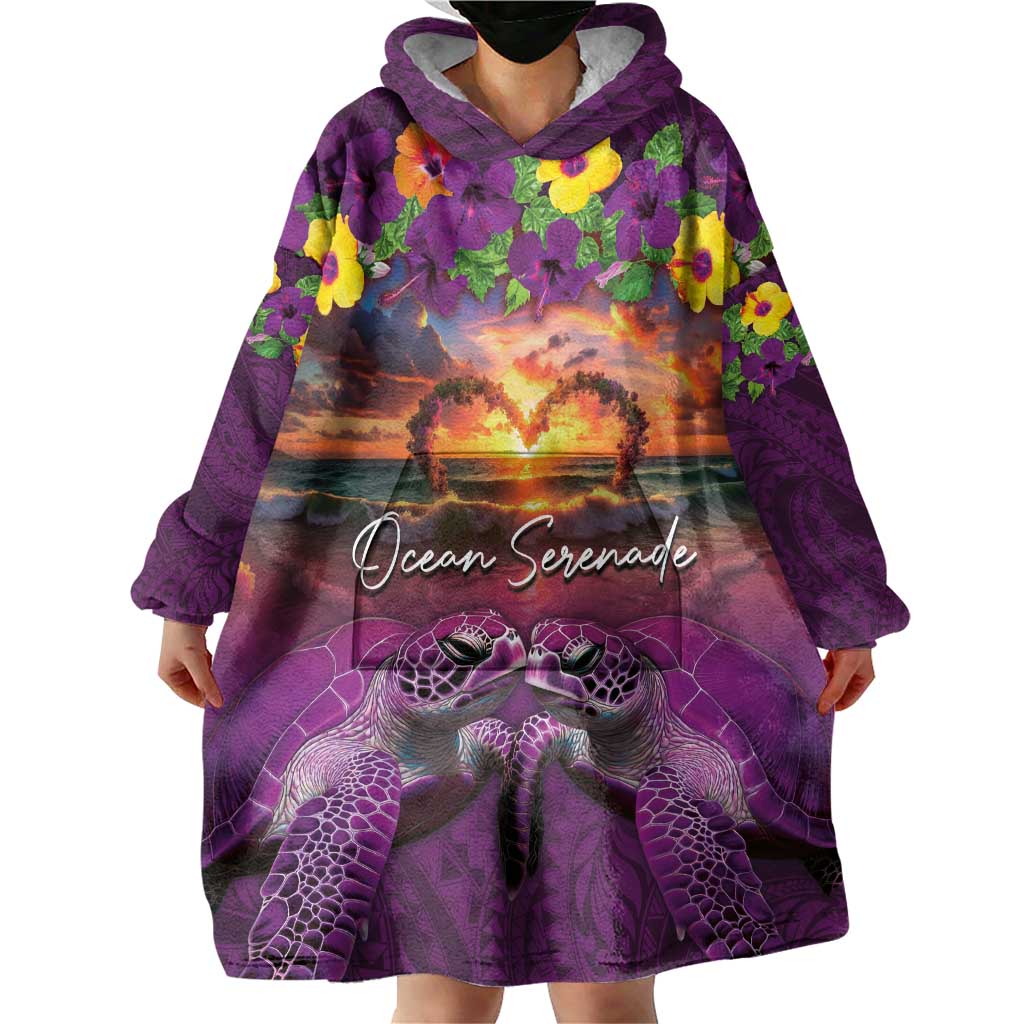 Hawaiian Turtle Love Couple Wearable Blanket Hoodie Ocean Serenade - Honu Honi Ihu with Hibiscus and Romantic Sunset Purple Color LT03 - Polynesian Pride