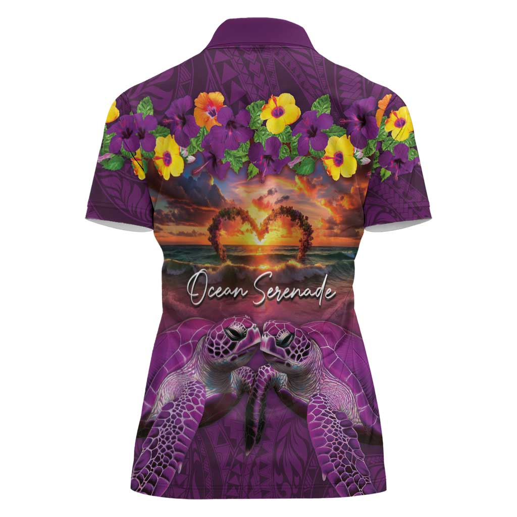 Hawaiian Turtle Love Couple Women Polo Shirt Ocean Serenade - Honu Honi Ihu with Hibiscus and Romantic Sunset Purple Color LT03 - Polynesian Pride
