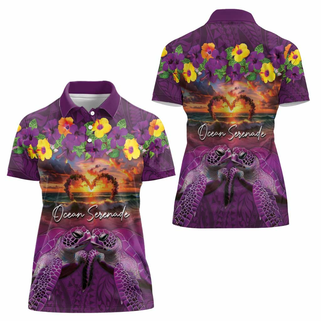 Hawaiian Turtle Love Couple Women Polo Shirt Ocean Serenade - Honu Honi Ihu with Hibiscus and Romantic Sunset Purple Color LT03 - Polynesian Pride