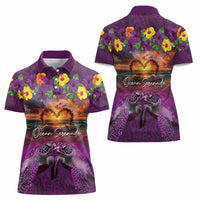 Hawaiian Turtle Love Couple Women Polo Shirt Ocean Serenade - Honu Honi Ihu with Hibiscus and Romantic Sunset Purple Color LT03 - Polynesian Pride