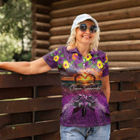 Hawaiian Turtle Love Couple Women Polo Shirt Ocean Serenade - Honu Honi Ihu with Hibiscus and Romantic Sunset Purple Color LT03 - Polynesian Pride