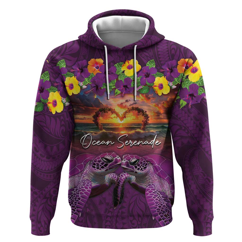 Hawaiian Turtle Love Couple Zip Hoodie Ocean Serenade - Honu Honi Ihu with Hibiscus and Romantic Sunset Purple Color LT03 Pullover Hoodie Purple - Polynesian Pride