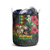 Hawaiian One Love Laundry Basket Reggae Lion Tropical Plants and Kakau with Tribal Pattern