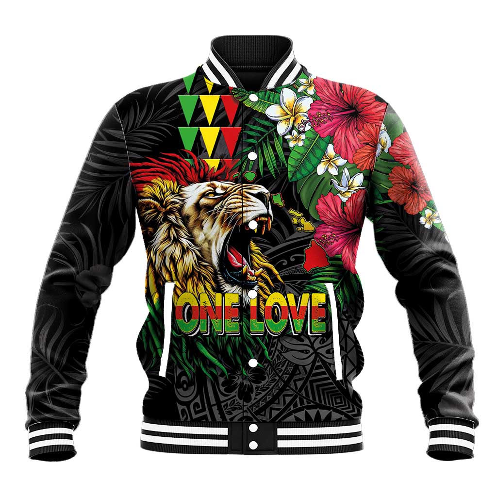 Hawaiian One Love Baseball Jacket Reggae Lion Tropical Plants and Kakau with Tribal Pattern