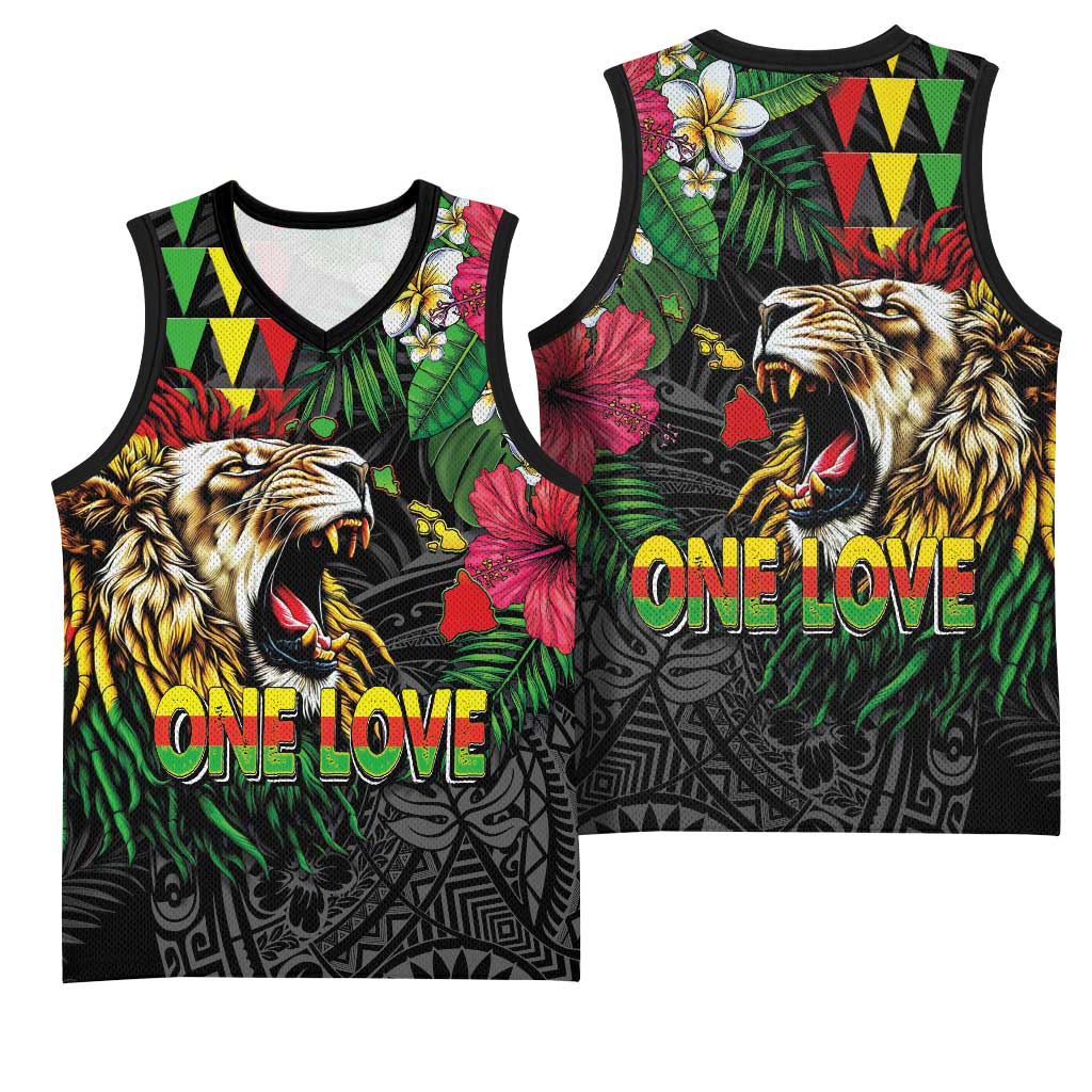 Hawaiian One Love Basketball Jersey Reggae Lion Tropical Plants and Kakau with Tribal Pattern