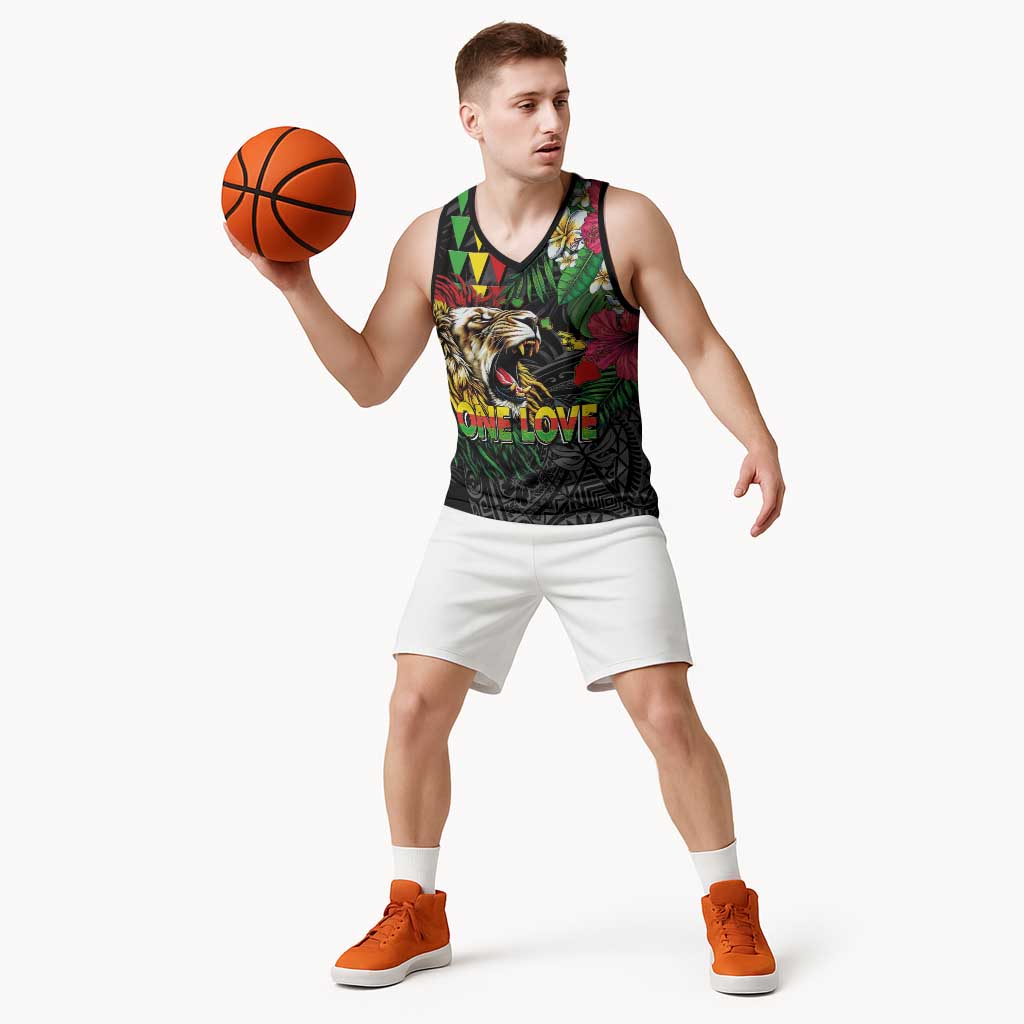 Hawaiian One Love Basketball Jersey Reggae Lion Tropical Plants and Kakau with Tribal Pattern