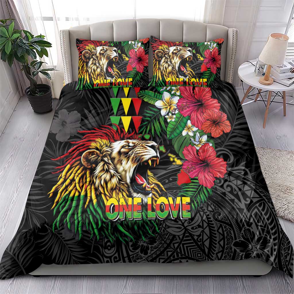 Hawaiian One Love Bedding Set Reggae Lion Tropical Plants and Kakau with Tribal Pattern