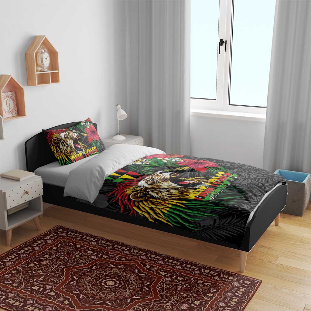 Hawaiian One Love Bedding Set Reggae Lion Tropical Plants and Kakau with Tribal Pattern