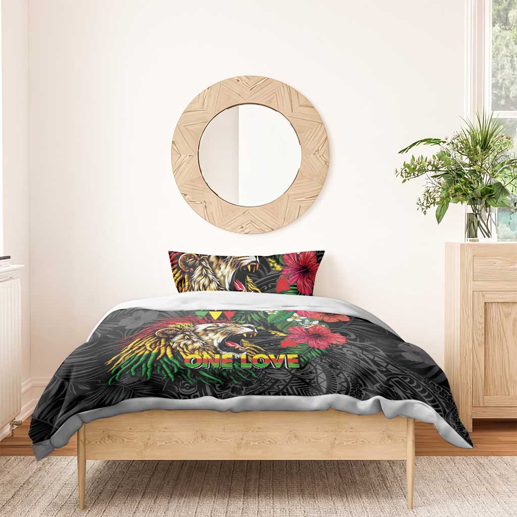 Hawaiian One Love Bedding Set Reggae Lion Tropical Plants and Kakau with Tribal Pattern