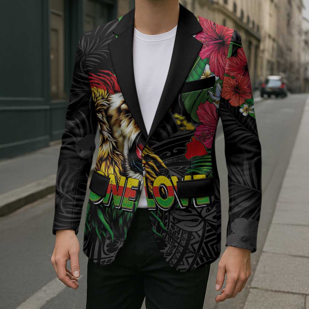 Hawaiian One Love Blazer Reggae Lion Tropical Plants and Kakau with Tribal Pattern