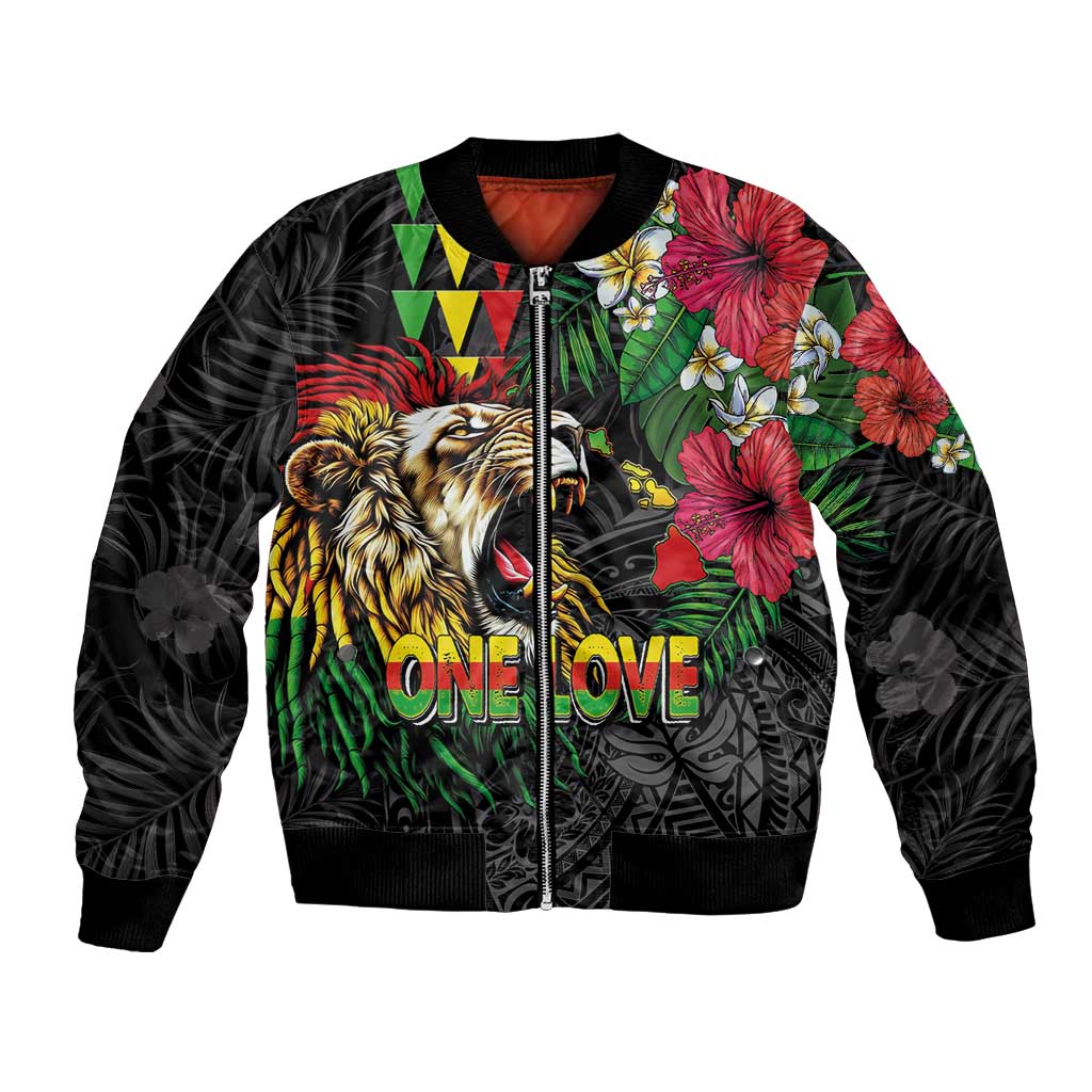 Hawaiian One Love Bomber Jacket Reggae Lion Tropical Plants and Kakau with Tribal Pattern