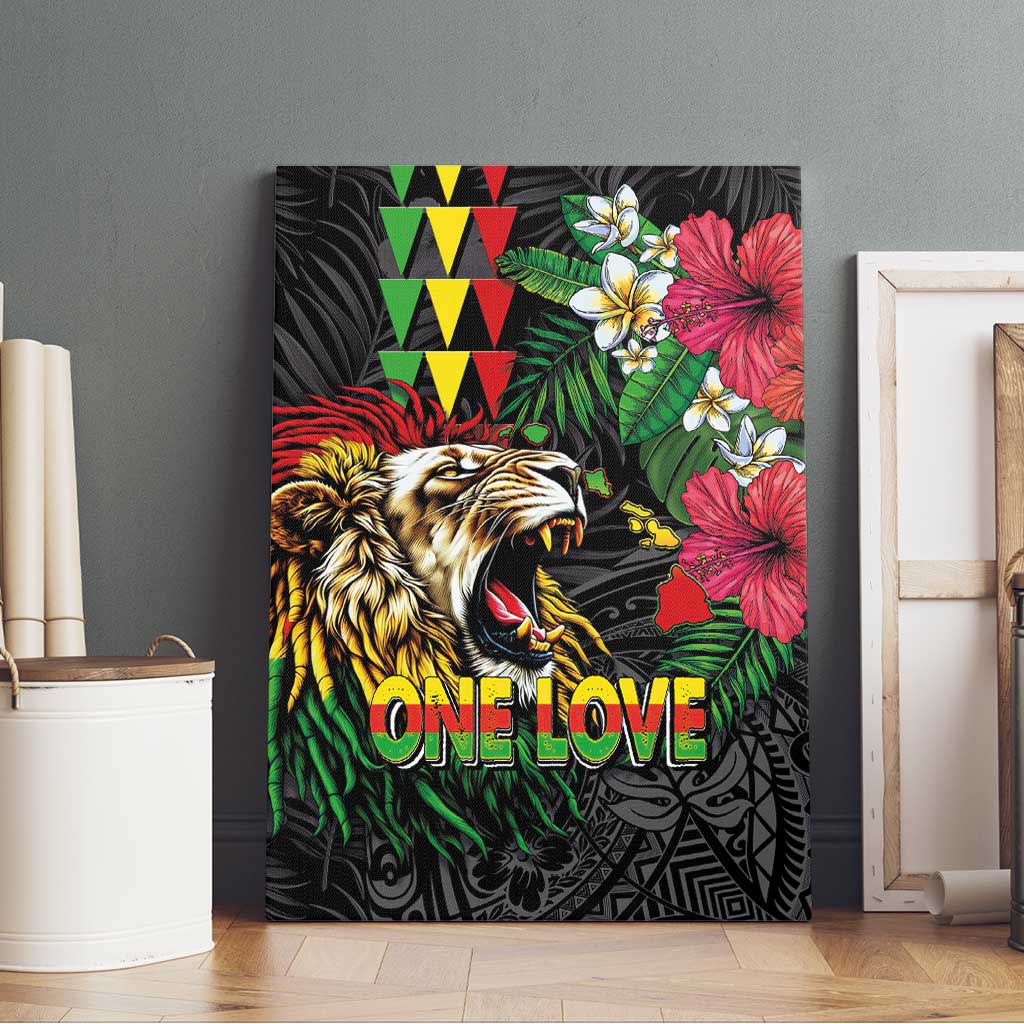 Hawaiian One Love Canvas Wall Art Reggae Lion Tropical Plants and Kakau with Tribal Pattern