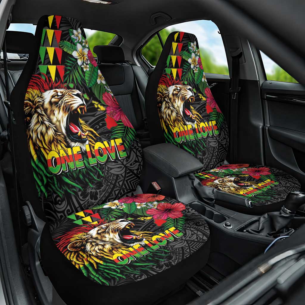 Hawaiian One Love Car Seat Cover Reggae Lion Tropical Plants and Kakau with Tribal Pattern
