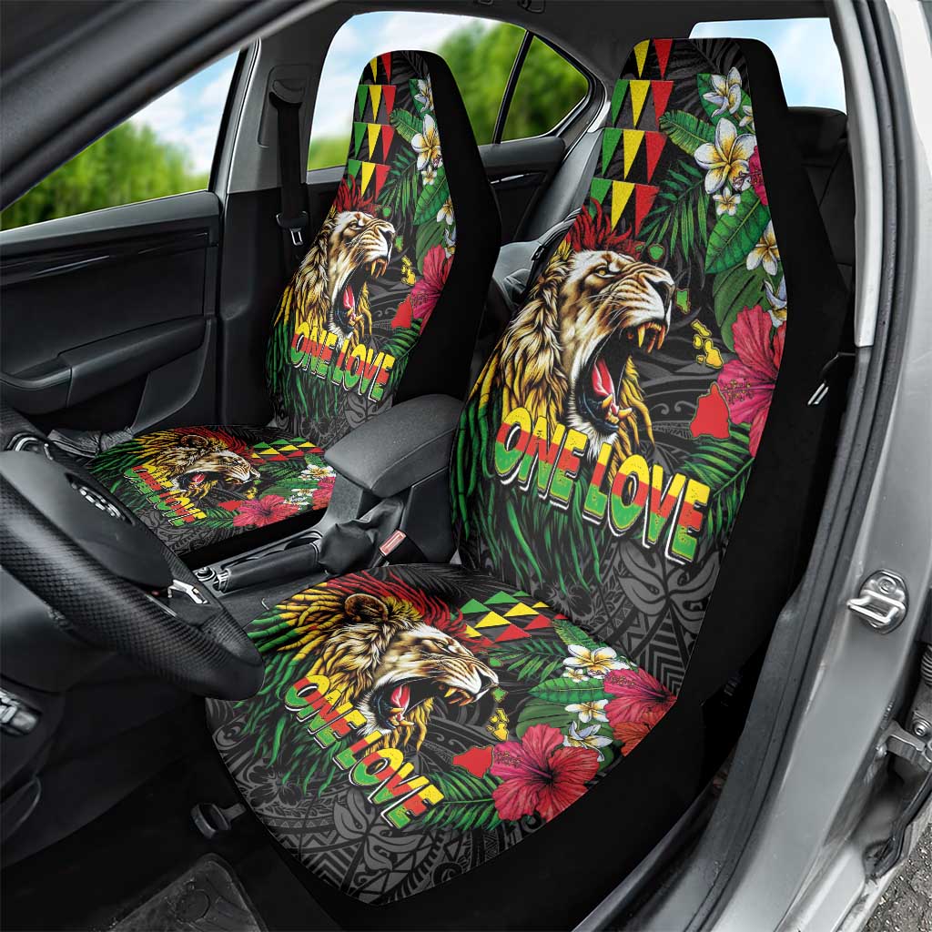 Hawaiian One Love Car Seat Cover Reggae Lion Tropical Plants and Kakau with Tribal Pattern