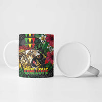 Hawaiian One Love Ceramic Mug Reggae Lion Tropical Plants and Kakau with Tribal Pattern