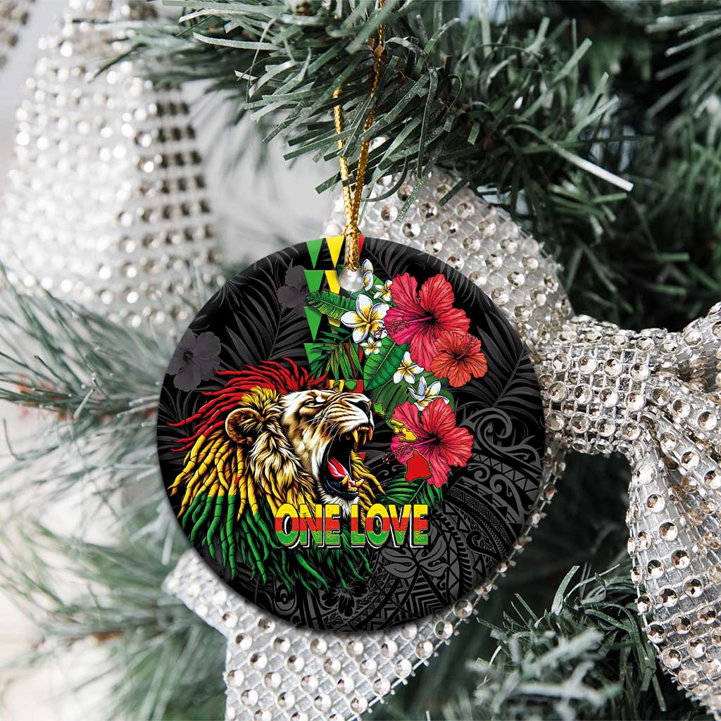 Hawaiian One Love Ceramic Ornament Reggae Lion Tropical Plants and Kakau with Tribal Pattern