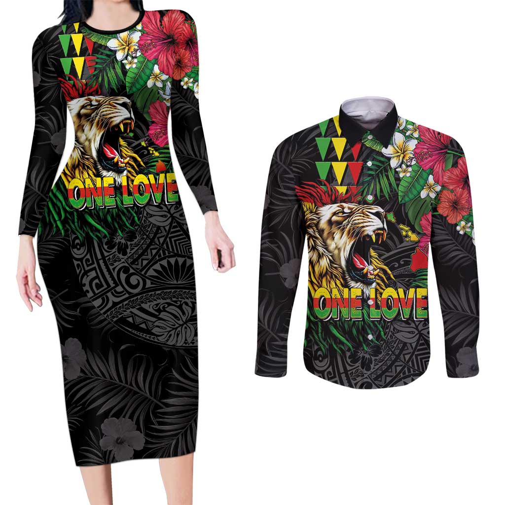 Hawaiian One Love Couples Matching Long Sleeve Bodycon Dress and Long Sleeve Button Shirt Reggae Lion Tropical Plants and Kakau with Tribal Pattern LT03 Black - Polynesian Pride