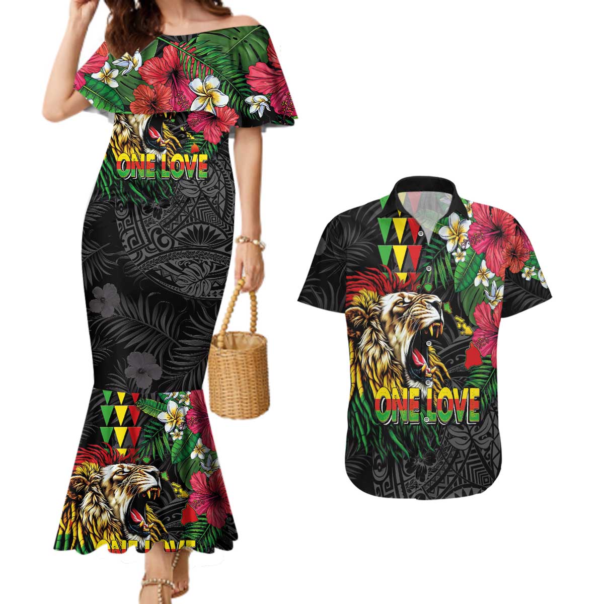 Hawaiian One Love Couples Matching Mermaid Dress and Hawaiian Shirt Reggae Lion Tropical Plants and Kakau with Tribal Pattern