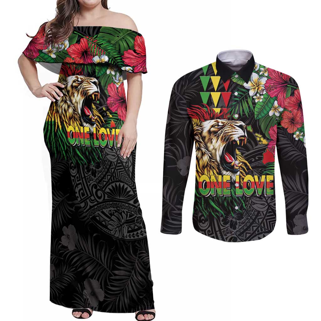 Hawaiian One Love Couples Matching Off Shoulder Maxi Dress and Long Sleeve Button Shirt Reggae Lion Tropical Plants and Kakau with Tribal Pattern