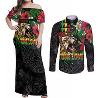 Hawaiian One Love Couples Matching Off Shoulder Maxi Dress and Long Sleeve Button Shirt Reggae Lion Tropical Plants and Kakau with Tribal Pattern