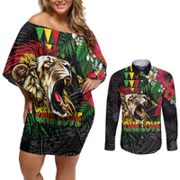 Hawaiian One Love Couples Matching Off Shoulder Short Dress and Long Sleeve Button Shirt Reggae Lion Tropical Plants and Kakau with Tribal Pattern