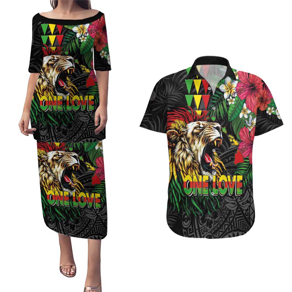 Hawaiian One Love Couples Matching Puletasi and Hawaiian Shirt Reggae Lion Tropical Plants and Kakau with Tribal Pattern
