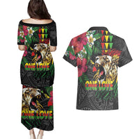 Hawaiian One Love Couples Matching Puletasi and Hawaiian Shirt Reggae Lion Tropical Plants and Kakau with Tribal Pattern