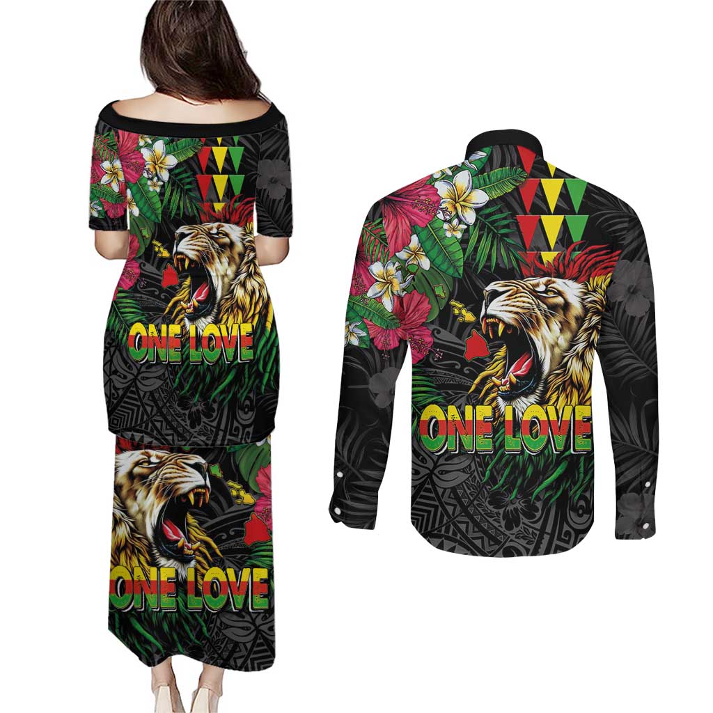 Hawaiian One Love Couples Matching Puletasi and Long Sleeve Button Shirt Reggae Lion Tropical Plants and Kakau with Tribal Pattern