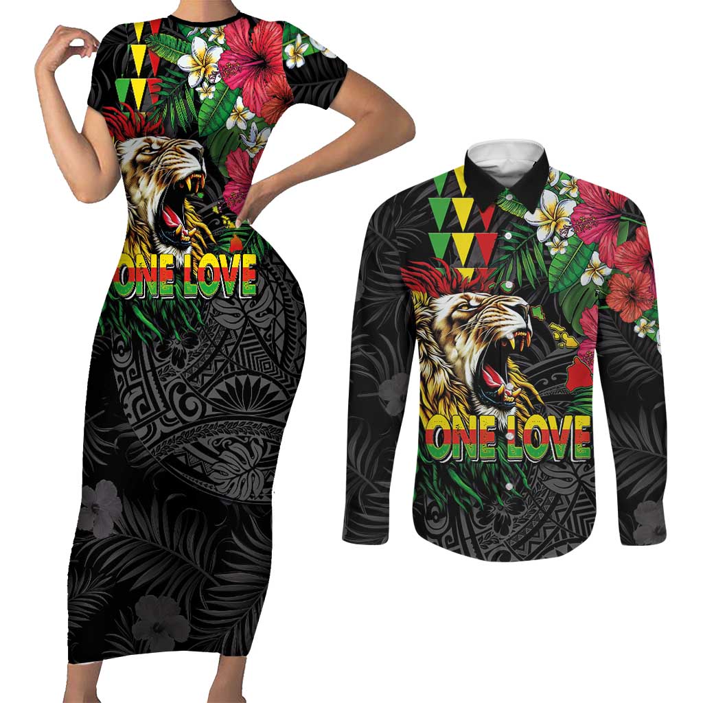 Hawaiian One Love Couples Matching Short Sleeve Bodycon Dress and Long Sleeve Button Shirt Reggae Lion Tropical Plants and Kakau with Tribal Pattern LT03 Black - Polynesian Pride