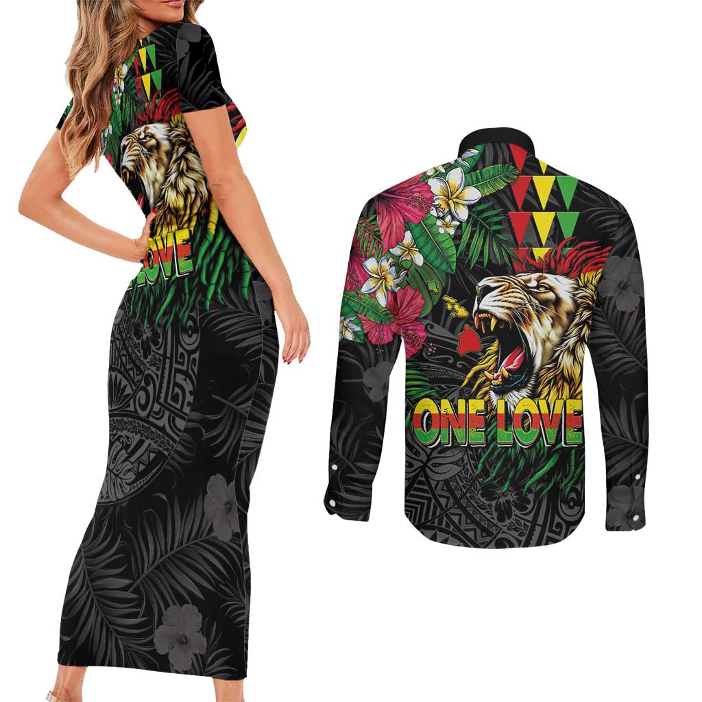 Hawaiian One Love Couples Matching Short Sleeve Bodycon Dress and Long Sleeve Button Shirt Reggae Lion Tropical Plants and Kakau with Tribal Pattern LT03 - Polynesian Pride