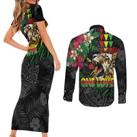 Hawaiian One Love Couples Matching Short Sleeve Bodycon Dress and Long Sleeve Button Shirt Reggae Lion Tropical Plants and Kakau with Tribal Pattern LT03 - Polynesian Pride