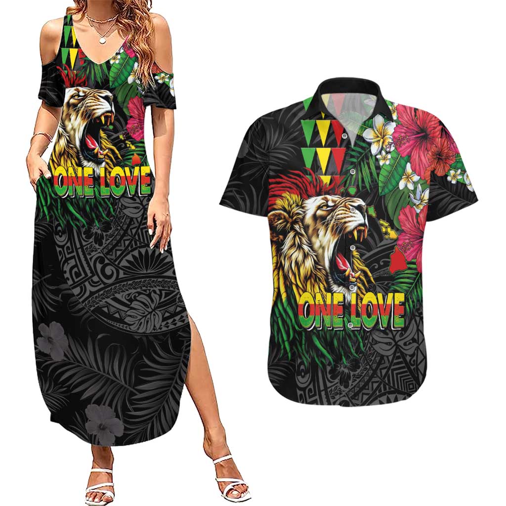Hawaiian One Love Couples Matching Summer Maxi Dress and Hawaiian Shirt Reggae Lion Tropical Plants and Kakau with Tribal Pattern LT03 Black - Polynesian Pride