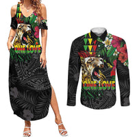 Hawaiian One Love Couples Matching Summer Maxi Dress and Long Sleeve Button Shirt Reggae Lion Tropical Plants and Kakau with Tribal Pattern